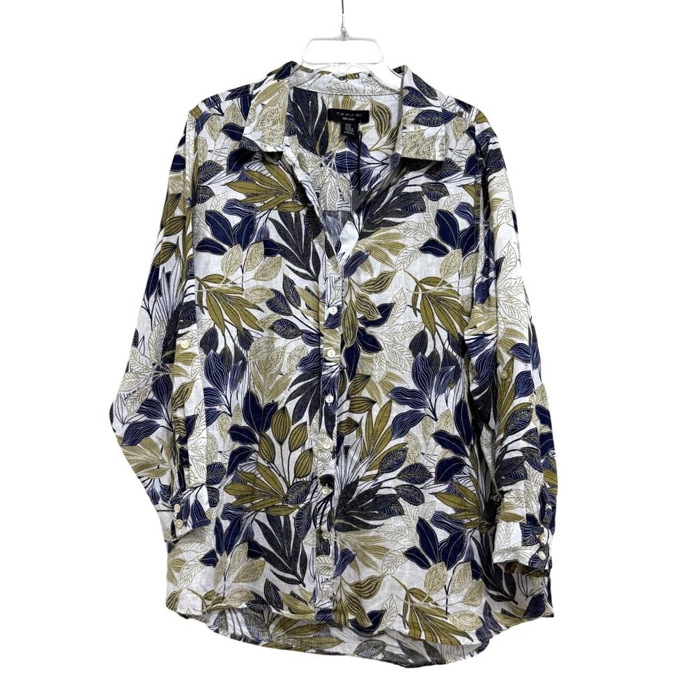 Tahari Women 2X Linen Button Down Shirt Tropical Leaf Print Navy Blue Olive NEW